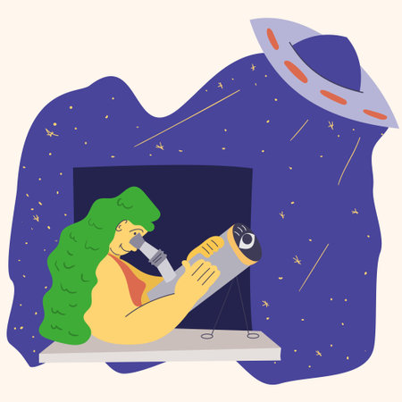 memphis style drawing, abstract woman watching a UFO through a space telescope from a window, vector color flat illustrationのイラスト素材