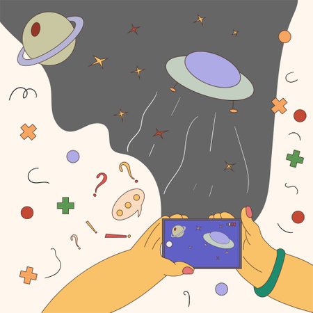 hands hold the phone and take a video of a UFO flying at night in space, a flat color contour drawing in the corporate Memphis styleのイラスト素材