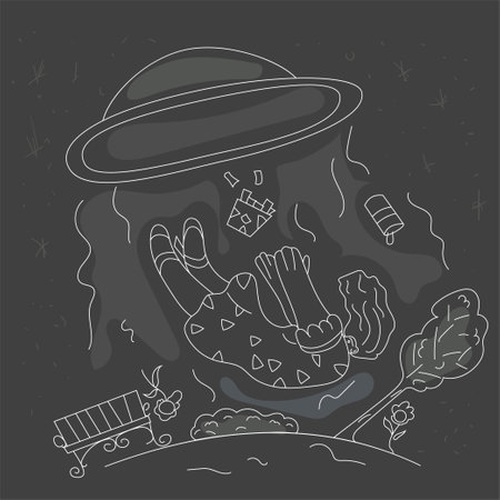 UFO abducts a girl in the park at night, flat contour drawing in corporate Memphis styleのイラスト素材