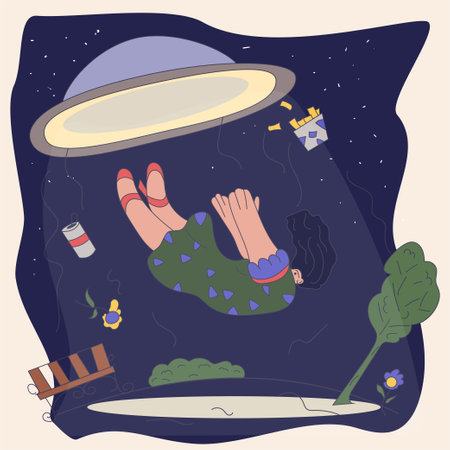 UFO abducts a girl in the park at night, flat color contour drawing in corporate Memphis styleのイラスト素材