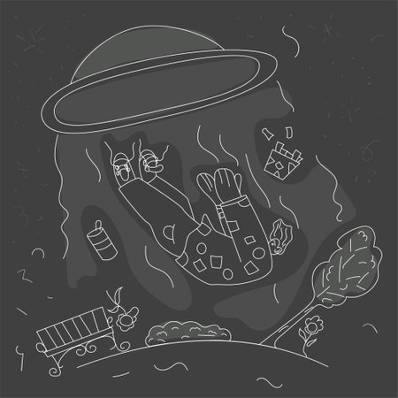 UFO at night kidnaps a guy in the park flat, contour drawing in corporate Memphis styleのイラスト素材