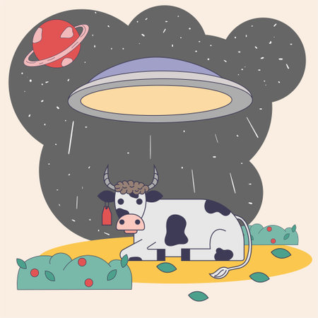 UFO kidnaps a lying cow, a color flat drawing in corporate Memphis style for conducting experiments and studyingのイラスト素材
