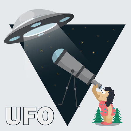 Flat illustration, a woman watching a UFO flying saucer through a telescope, background in the form of a triangleのイラスト素材