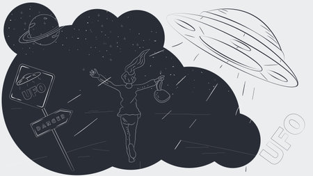 contoured black and white illustration, a girl with a handbag in her hands waving at a passing UFOのイラスト素材