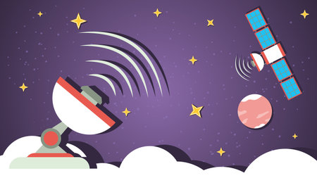 A radio telescope transmits information to a space station in outer space, a flat illustration of a childrens doodleのイラスト素材
