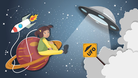 A flat illustration on the theme of space, a girl sits on a planet with rings and watches UFOのイラスト素材