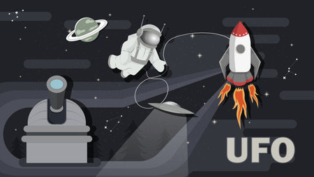 An observatory with a telescope observes an astronaut and a UFO in space, flat childrens doodlesのイラスト素材