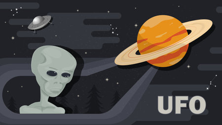 Portrait of an alien on the background of space and a planet with rings, flat childrens doodlesのイラスト素材