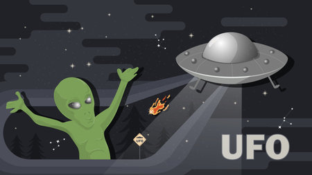 A green alien with his hands raised against a UFO background, flat childrens doodlesのイラスト素材