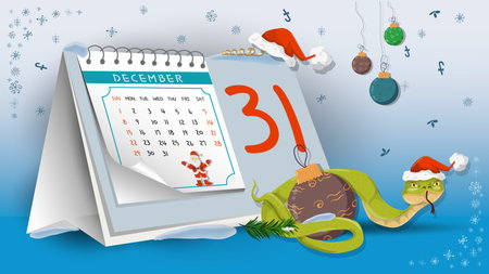 Illustration of the New Year and Christmas, A snake wraps around a toy for a fir tree on a calendar backgroundのイラスト素材