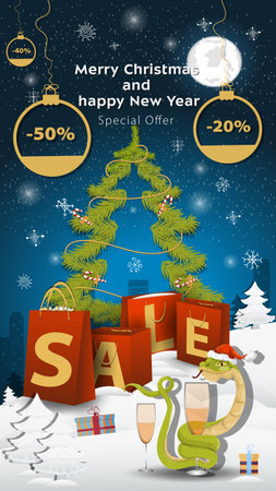 Special offer Sale inscription in the form of large packages standing in a snowy clearing, A snake wraps around a glass with a drinkのイラスト素材