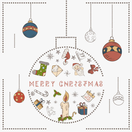 Christmas colored contour illustration in the style of childrens doodles, Christmas design elements in a Christmas ball, a Christmas candleのイラスト素材