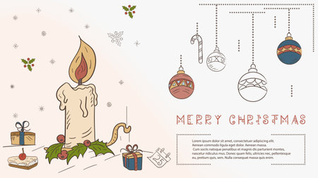Christmas colored contour illustration in the style of childrens doodles with the text of Lorem Ipsum, a Christmas candle and a number of giftsのイラスト素材