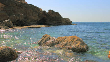 A small bay on the Mediterranean coast near the Rosh Hanikra, Israelの写真素材