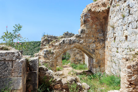 Montfort Castle ruins in northern Israel. Arched passageways through the halls.の写真素材
