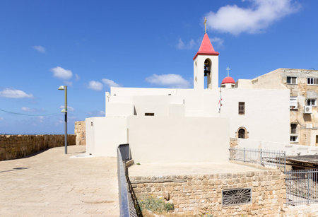 White Maronites house on the  fortress wall in the Old Acreの写真素材