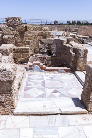 Fragment of buildings inside in the ruined city of Caesarea in Israel.の写真素材