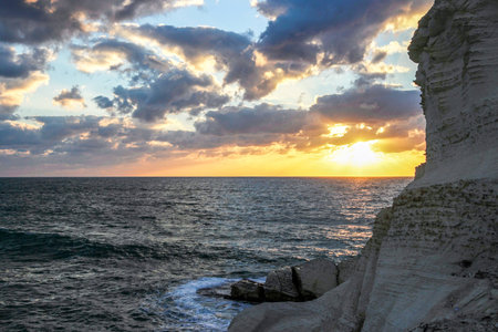 Sunset on the Mediterranean Sea. View from Rosh Hanikraの写真素材