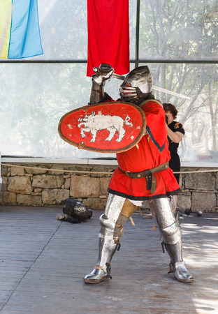 Jerusalem, Israel, October 03, 2016: Member of the annual festival of "Knights of Jerusalem" dressed as knights pose for photographer in Jerusalem, Israelのeditorial素材