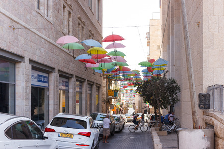Jerusalem, Israel, October 03, 2016: Street Yoel Moshe Salomon decorated with colorful umbrellas in Jerusalem, Israelのeditorial素材