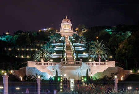 Night view of the Bahai Temple and Bahai Gardens from the German Colony in Haifa.の写真素材