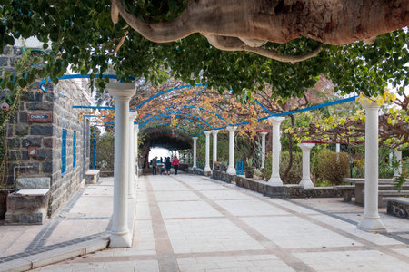 Alley in Greek Orthodox monastery of the twelve apostles in Capernaum (Cafarnaum).の写真素材