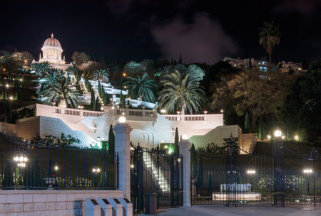 Temple in Bahai Garden in Haifa, Israel at nightの写真素材