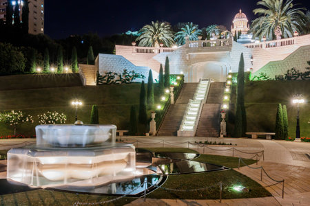 Temple in Bahai Garden in Haifa, Israel at nightの写真素材
