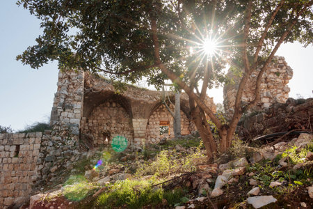 Remains of walls and buildings in the Yehiam fortress.Yehiam is situated next to the ruins of the Ottoman-era castle of Jiddin, built on top of the 13th-century Crusader castle of Judin.の写真素材