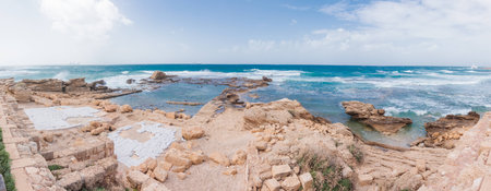 Ruins of a commercial port in the old town of Caesarea on the Mediterranean Sea in Israel.の写真素材