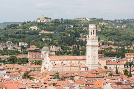 Old town of Verona. View from the bell tower Torre Dei Lamberti in Verona, Italyの写真素材