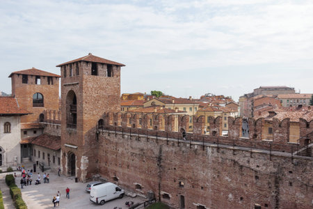 Verona, Italy - September 26, 2015 : View from the fortress wall to the inner courtyard, the corner tower and the tower above the entrance to Castelvecchio Castle in Verona, Italy.のeditorial素材