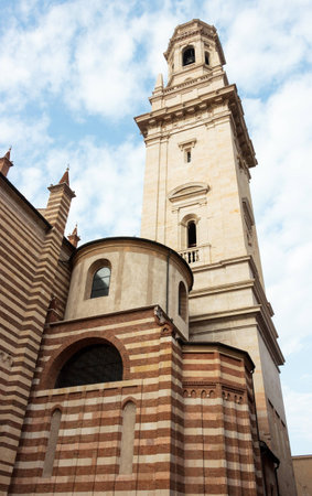 The side bell tower of Duomo Cattedrale di S. Maria Matricolare cathedral in Verona, Italyの写真素材