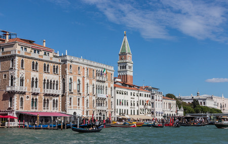 Venice, Italy - September 28, 2015 : Water channels of Venice city. Facades of residential buildings overlooking the Grand Canal in Venice, Italy.のeditorial素材