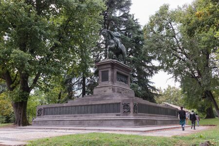 Milan, Italy - September 29, 2015 : Monument to Napoleon III executed sculptor Francesco Barzaghi. Established in 1886 in the park Sempione in Milan, Italy.のeditorial素材