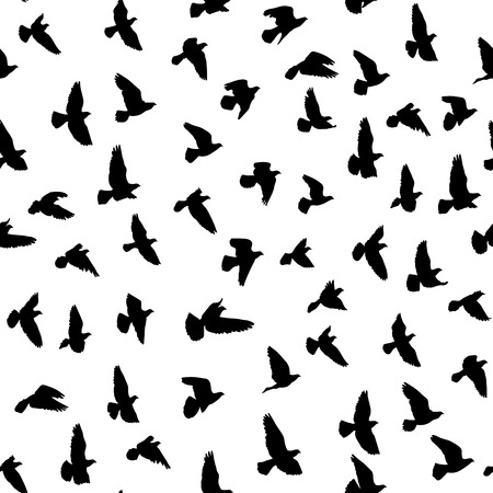 Flock of flying pigeons, vector seamless pattern with isolated birds silhouettesのイラスト素材