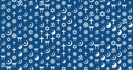 Abstract background of randomly sized religious symbols (Buddhism, Christianity, Hinduism, Islam,...