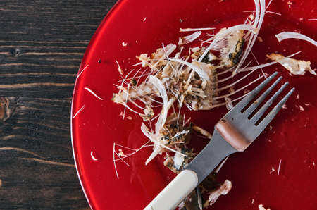Fish bones on a single red plate. Closeup shot. Wooden table