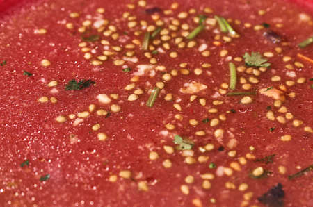 Salad leftovers after meal. Oil, tomato seeds, chopped parsley on a single red plate. Macro shotの写真素材