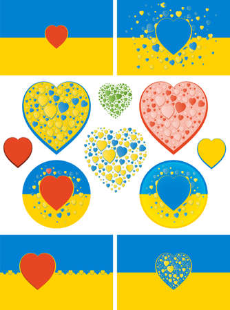 State flag of Ukraine with hearts variations. Green, red and bicolour blue and yellow hearts. Flag colors of Ukraine except red and greenのイラスト素材