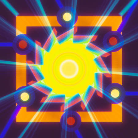 Abstract bright modern colorful background. Glowing rays emanate from center. 3D rendered design...