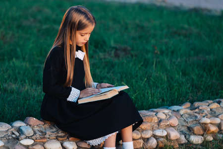 A child sits on a stone fence and reads a book.