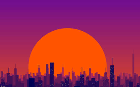 Illustrative concept of a city during sunset or sunrise. View of the silhouettes of multi-storey buildings.の写真素材