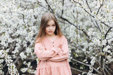A little child girl stands with her arms folded on her chest and looks with a satisfied expression on her face.の写真素材