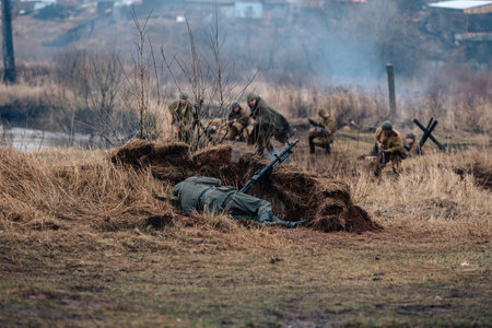 VIKHOREVKA, RUSSIA - May 09, 2021: Reconstruction of the 1941-1945 hostilities between the armies of...