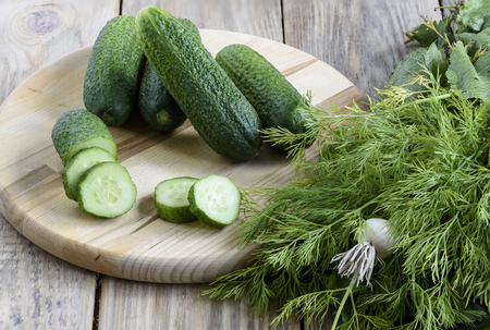 Fresh cucumbers, garlic, dill on a wooden backgroundの写真素材