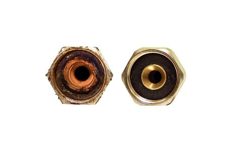 Old and new drain hose connector isolated on white background. Concept rust removal. Border design