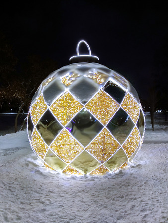 Moscow, Russia - January 13, 2019. Park Altufevo, glowing composition. Photozone Ball Christmas tree toy Festive installationのeditorial素材
