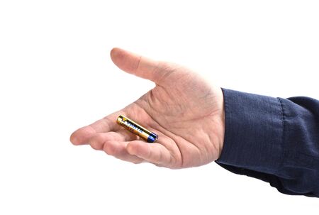 Moscow, Russia - February 3, 2019. AAA battery on mans palmのeditorial素材