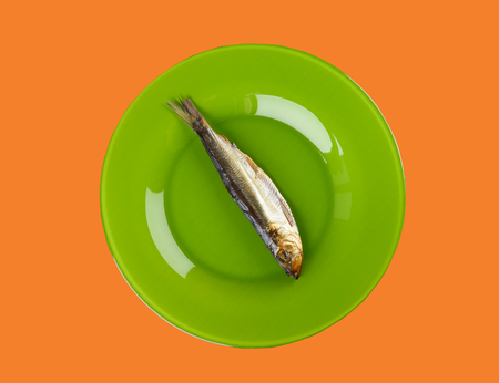 Cold smoked Baltic herring on an green plate on orange background. Smoked Baltic herring smoked until golden brown. Top viewの写真素材